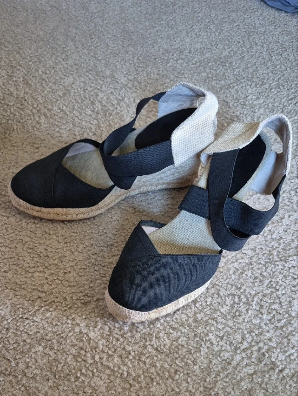 Adrienne Vittadini Black Canvas Espadrille Wedges with Tan Trim